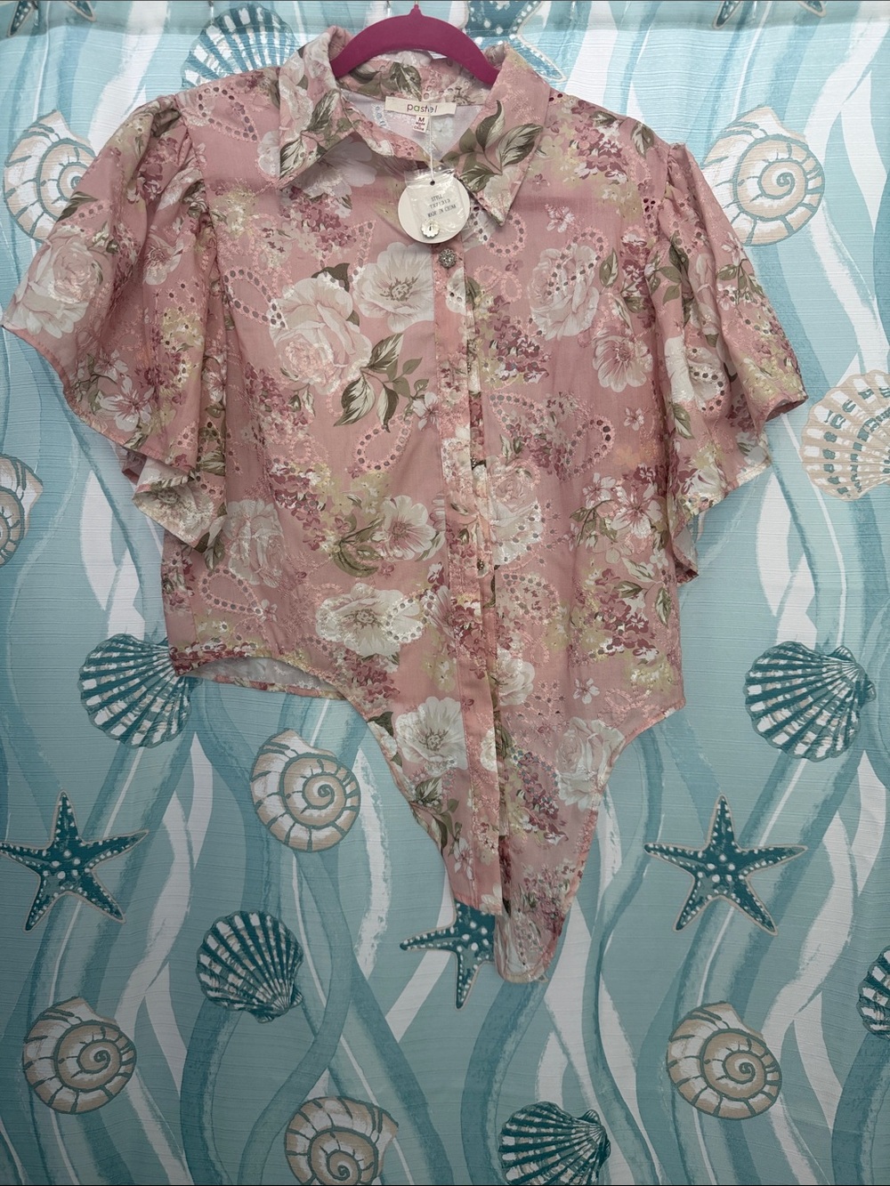 Pastels Floral Pink Asymmetrical Button-Front Blouse